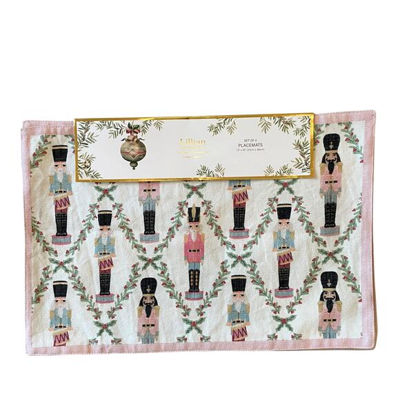 Lillian August Christmas Placemats 4pc NUTCRACKER DRUMMER BOY Pink Border New - Picture 9 of 11